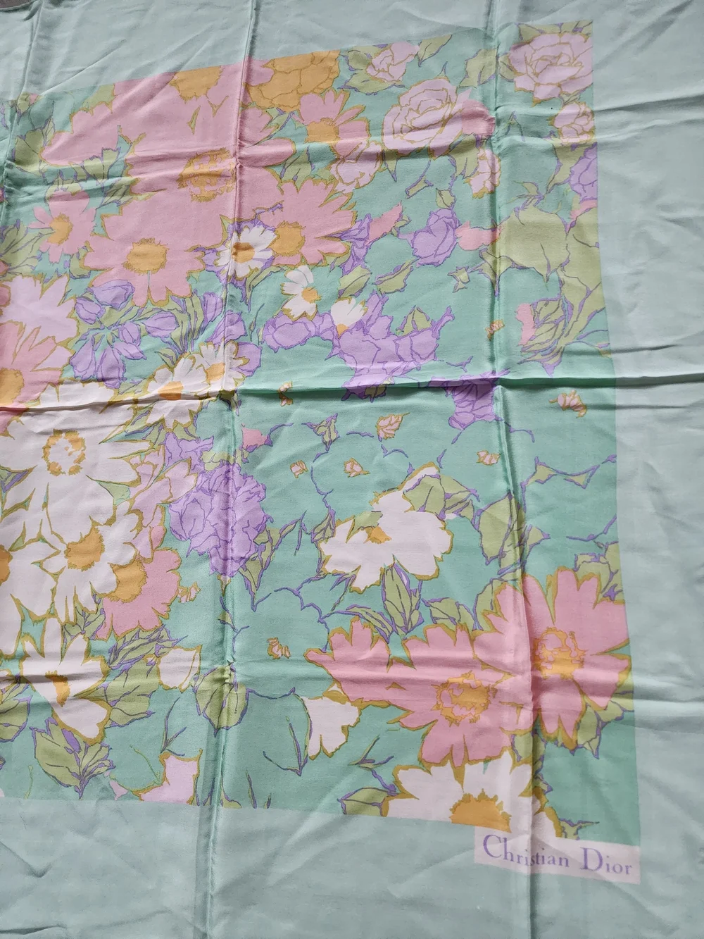 Auth Dior Pastel Floral Silk Scarf - Mint, Pink & White